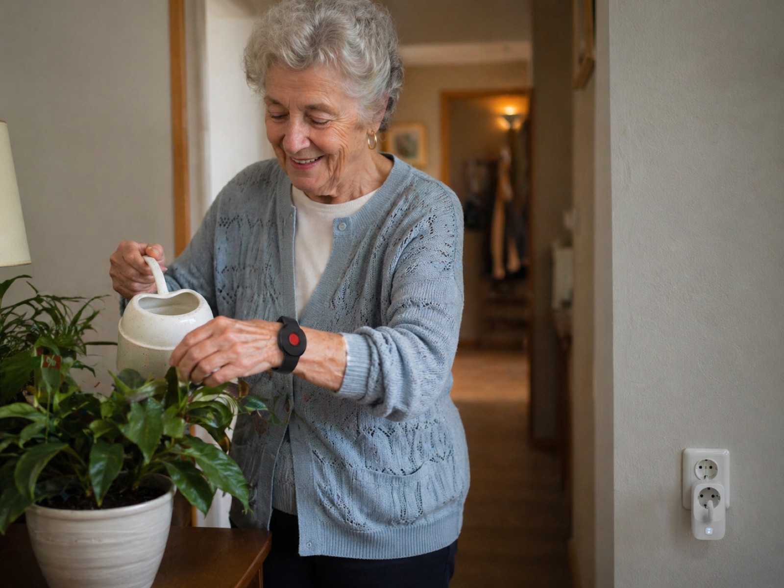 Mujer mayor regando una planta en el pasillo de su casa, con la pulsera VitalKeep en la muñeca