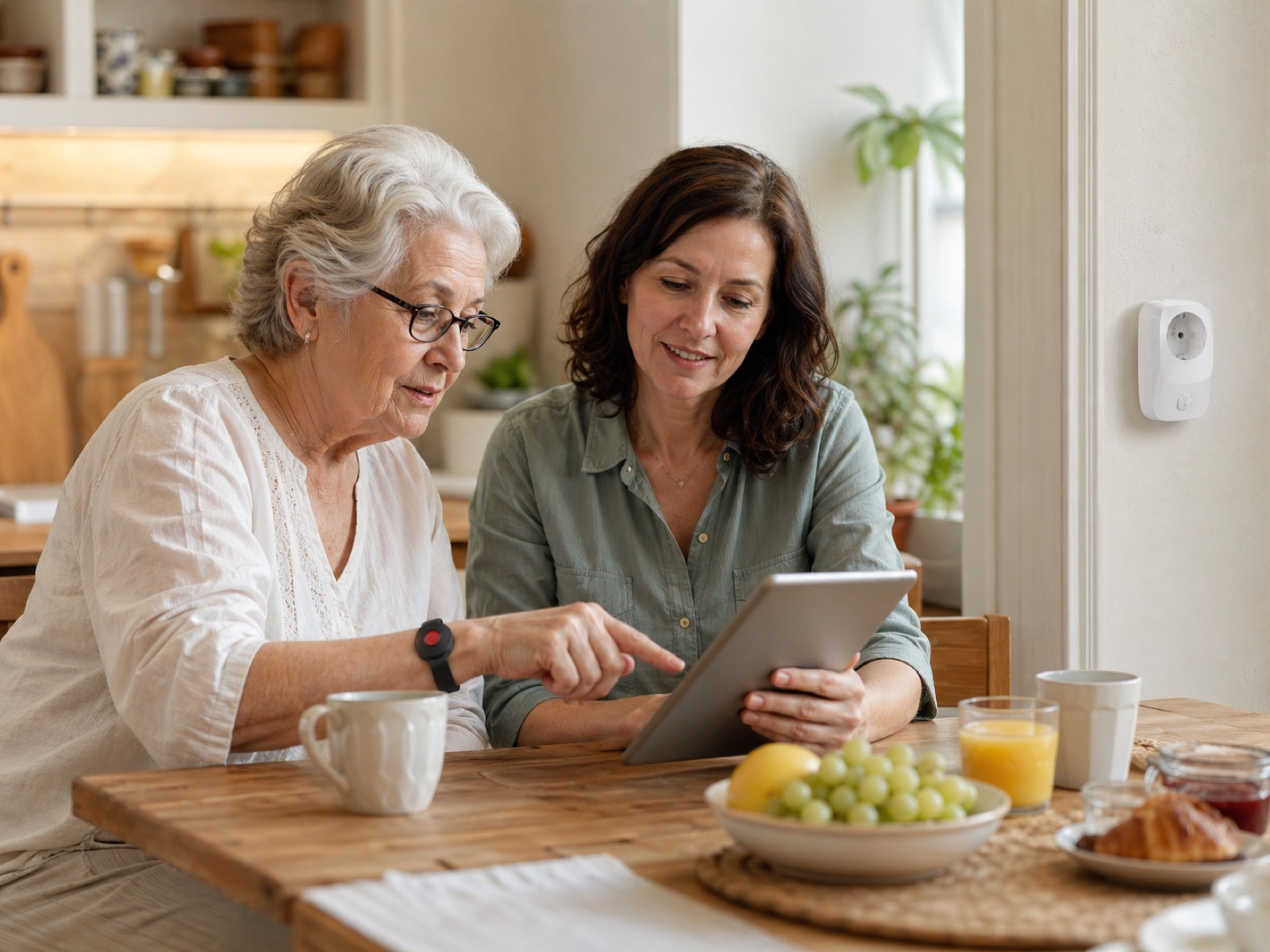 Madre mayor y su hija adulta revisando juntas la app VitalKeep en una tablet, en su cocina